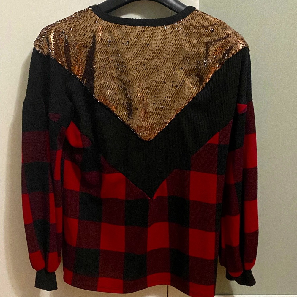 Buffalo Plaid with gold sequin sweater! Very soft, worn once.